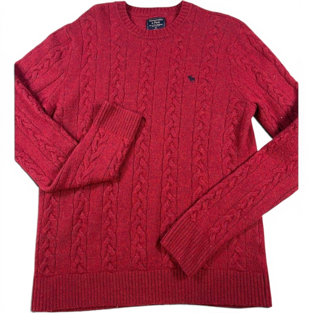 Abercrombie & Fitch Mens XL Red Cable Knit Wool Blend Sweater Moose Logo